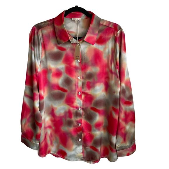 JODIFL Tops - Jodifl Satin Blouse NEW Sz M Button Up Long Sleeves Watercolor Print Colorful